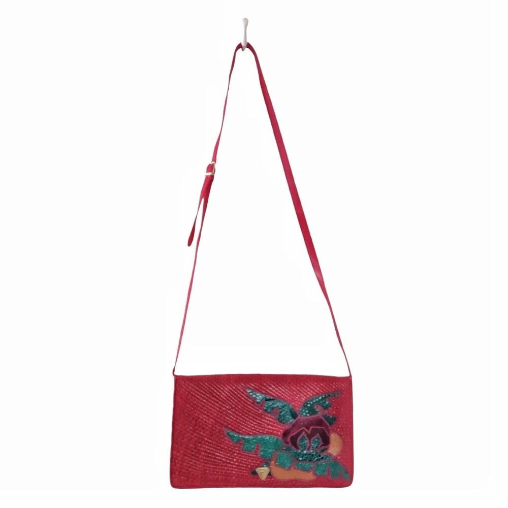 CORA JACOBS Vintage 90s Red Shoulder Bag Reed Snakeskin Purse Designer Handbag